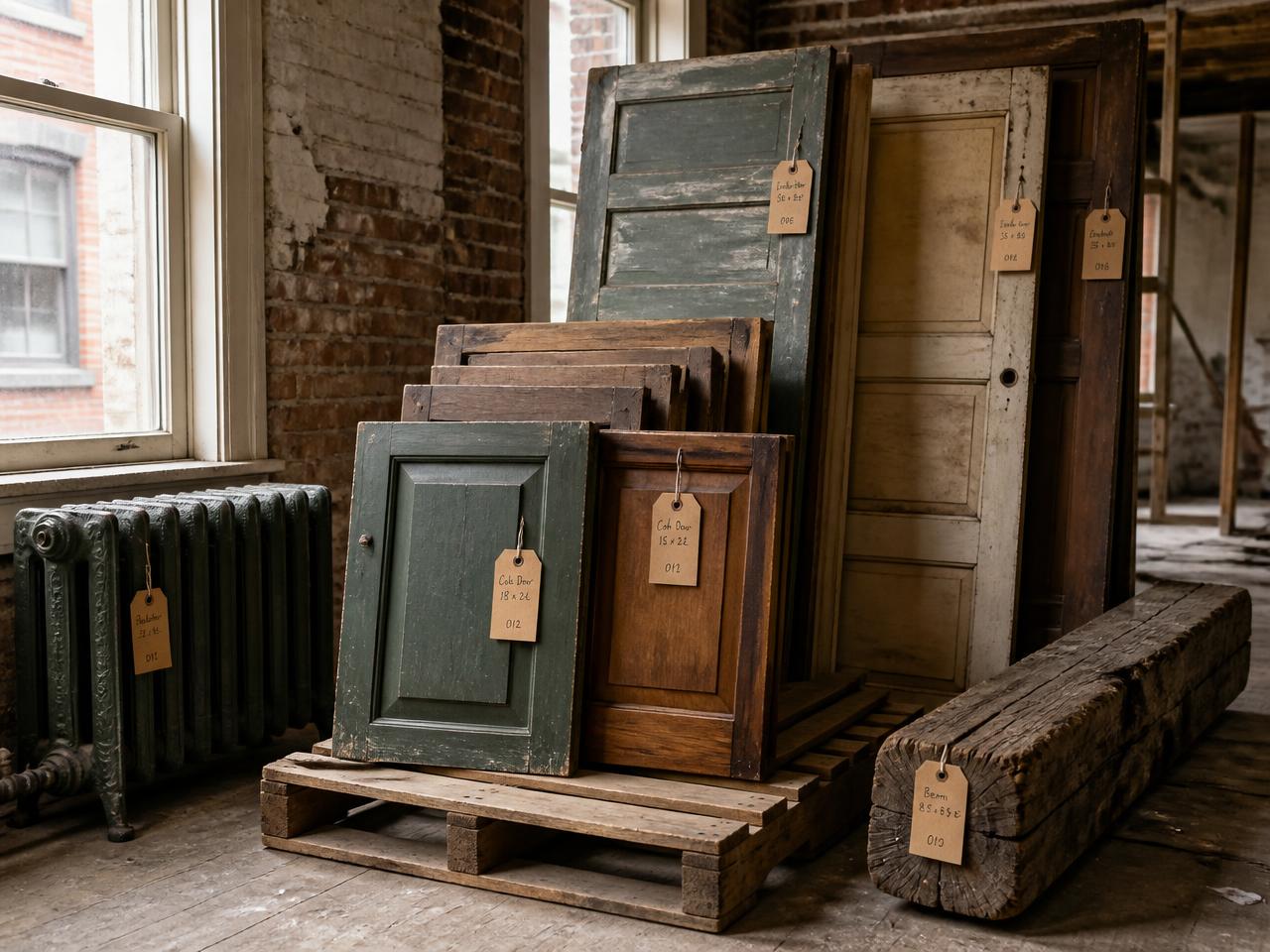 Salvaged cabinet doors, a panel door, cast iron radiator and timber beam stacked on a pallet with kraft inventory tags